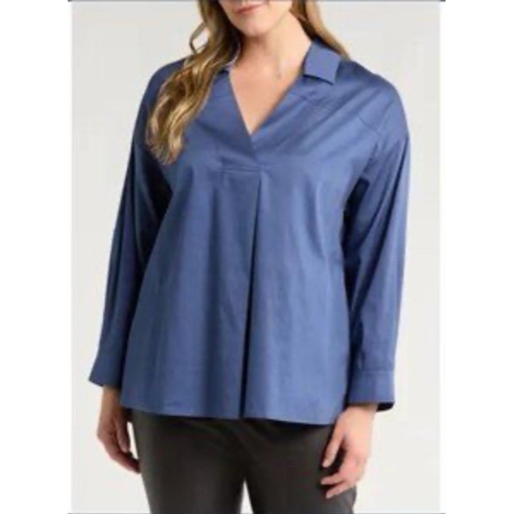 Harshman Size Medium Nyah Tunic Popover Top Indigo Blue Johnny Collar‎ Hi Low